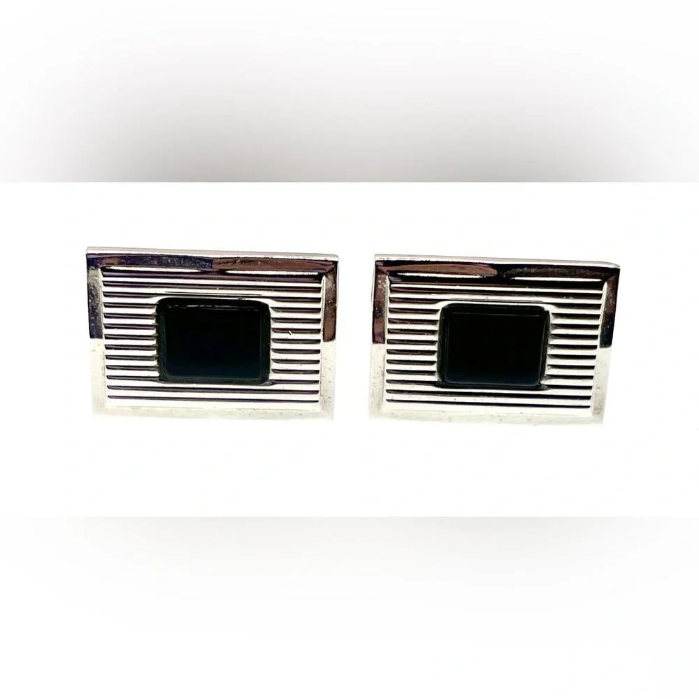 3 for $30 VTG Signed Dante Silver Tone Cufflinks with Black Center Gem MCM